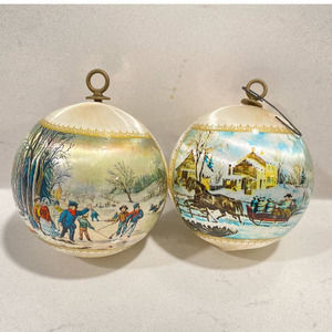 Vintage Satin Christmas Ornaments Winter Scene Decorations Set of 2